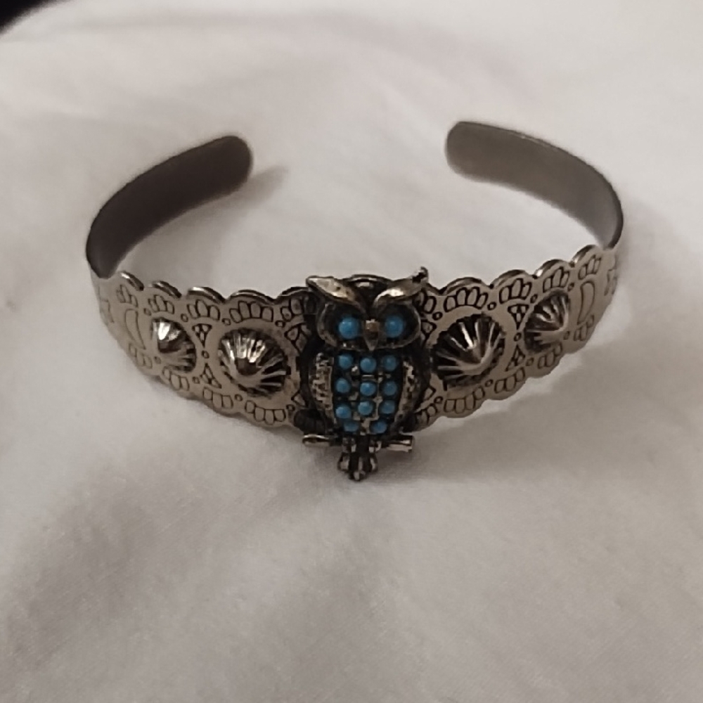 Silver Owl Cuff Bracelet with Blue Accents